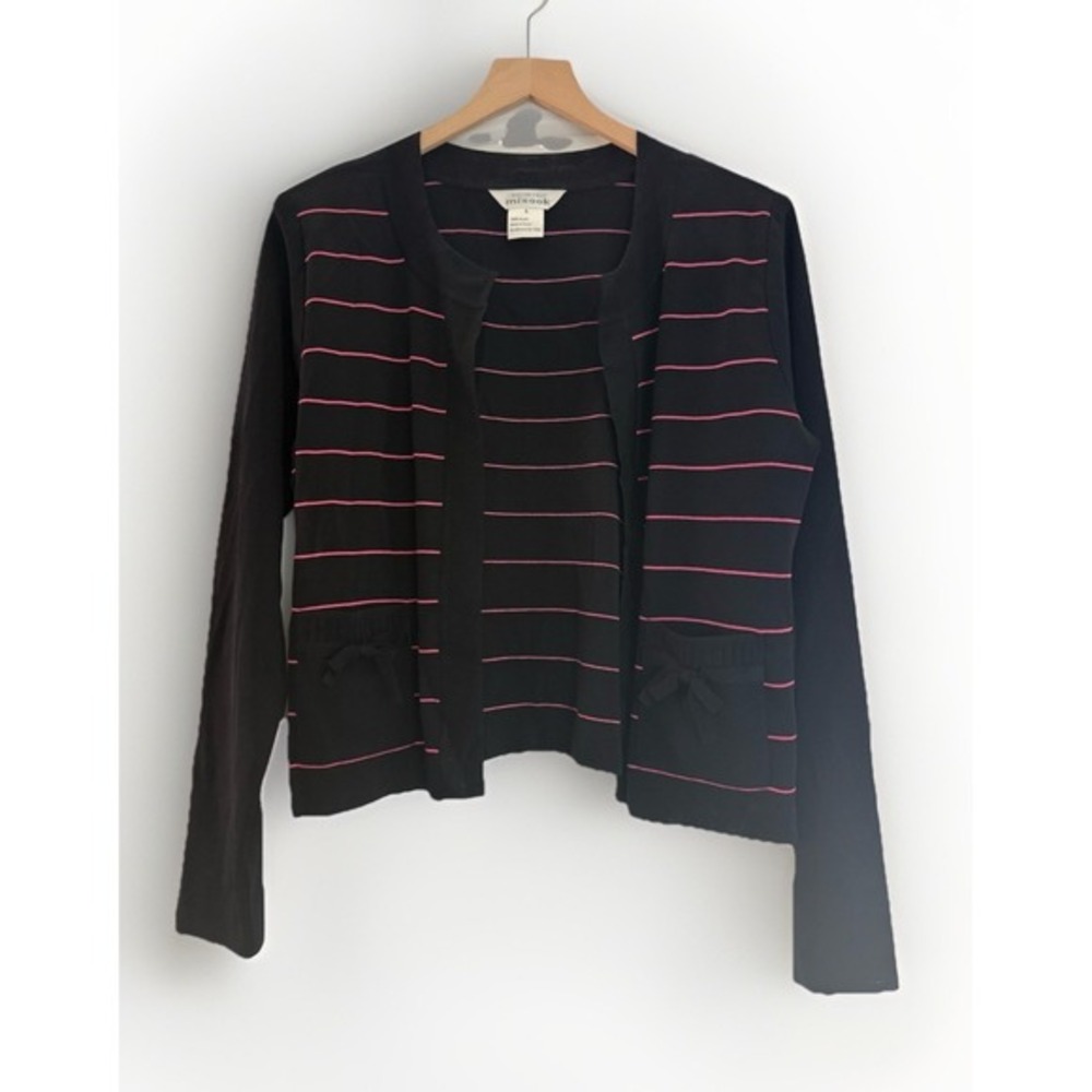 Exclusively Misook‎ Pink And Black Striped Open Front Cardigan Sweater Large EUC
